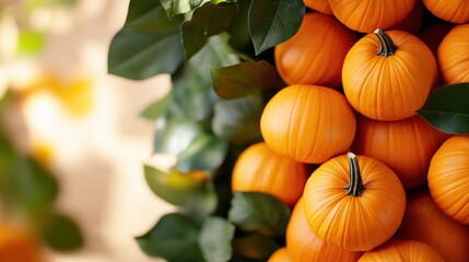 A grouping of vibrant orange pumpkins nestled among lush green leaves, creating a natural, earthy setting perfect for celebrating autumn and harvest themes.