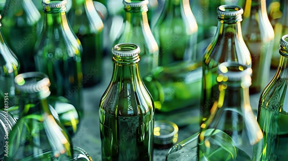 Poster a collection of green glass bottles and jars is arranged closely together, illuminated by soft natur