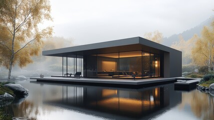 Obraz premium Modern minimalist cube house by a lake, reflective surfaces blending with the water, sharp lines, and an open design, emphasizing simplicity and harmony