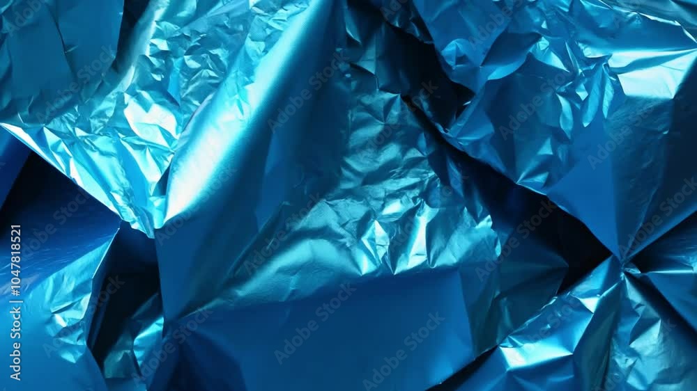 Poster The surface features shiny blue crumpled foil, exhibiting intricate textures and reflections. Soft light accentuates its vibrant color and depth, creating an engaging visual effect.