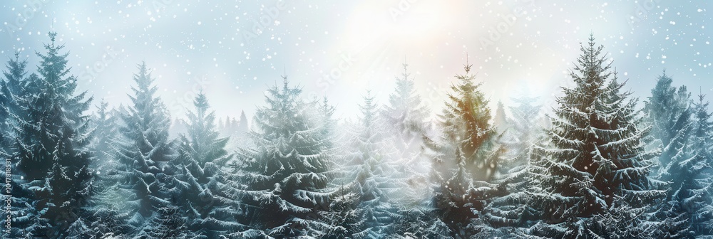 Poster tall pine trees are covered in fresh snow, creating a tranquil winter setting as soft snowflakes fal