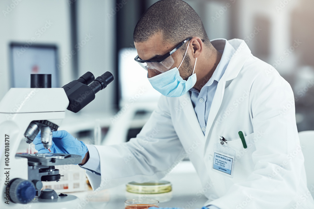 Poster Man, microscope and scientist at lab for study, test and blood sample for mpox vaccine development. Person, equipment and assessment for pharma innovation, mask and medical research for health crisis
