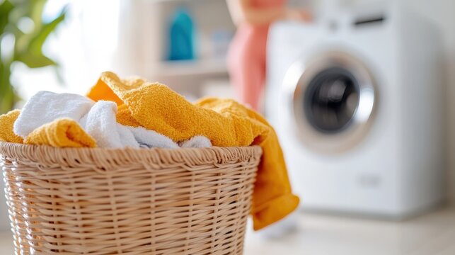 A laundry basket filled with vibrant yellow and white towels sits prominently in the foreground, while a washing machine is visible in the blurred background.