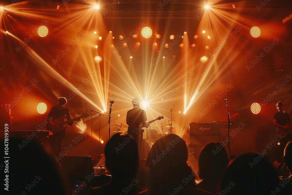 Poster musicians perform passionately on stage, bathed in bright lights while the enthusiastic crowd cheers