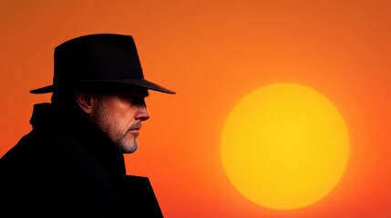 A side profile of a man wearing a stylish hat, positioned against a stunning orange background, evoking a sense of warmth and contemplation with simplistic elegance.