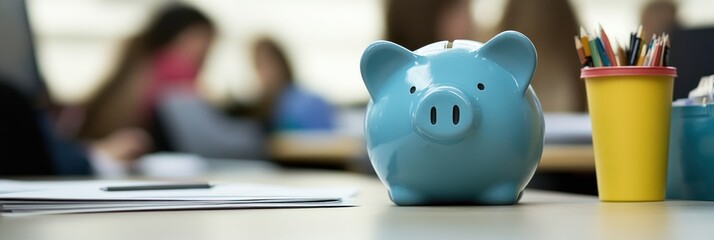 Obraz premium Piggy bank on a table with colored pencils and blurred students in background.