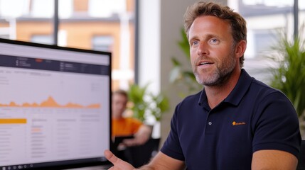 A confident business professional presenting data insights on a large computer monitor, dressed casually, amidst a collaborative office setting, fostering open communication.