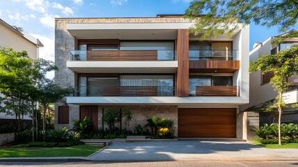 Fototapeta premium The facade of a contemporary, minimalist, multi-family residential structure in the Brazilian architectural style.