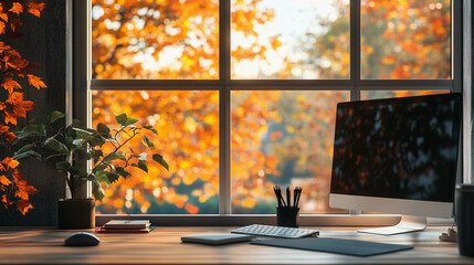 zoom background, casual office with window with a fall, autumn view

