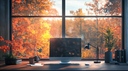 zoom background, casual office with window with a fall, autumn view.