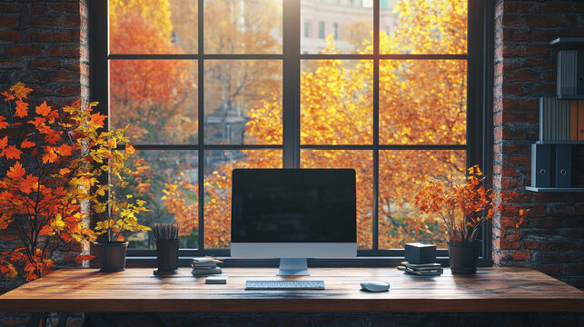 zoom background, casual office with window with a fall, autumn view.