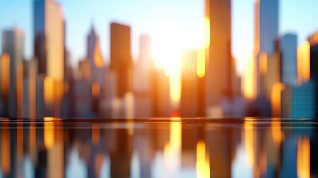 A striking cityscape with the sun shining brightly, casting vivid reflections in the water, representing the dynamic energy and vibrancy of urban life. - Powered by Adobe