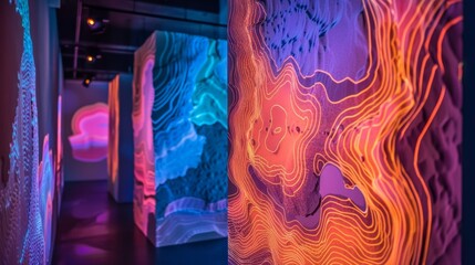 Vibrant topographic lines are glowing brightly on abstract illuminated walls in an immersive art exhibition, creating a colorful and modern visual experience for visitors to the gallery