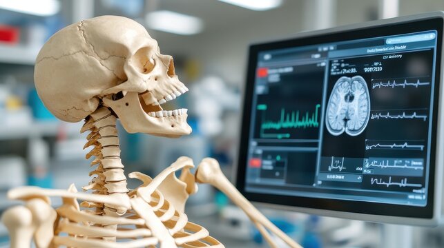 A skeleton closely observes a monitor displaying brain scans and heartbeat data in a hospital lab, representing the convergence of life sciences and technology.