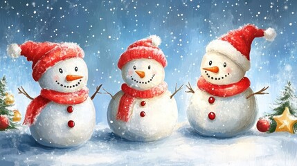 Fototapeta premium Cheerful Snowmen in a Winter Wonderland