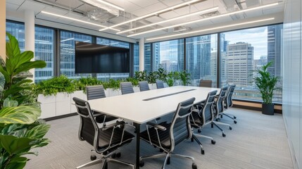 Modern Conference Room with City View and Green Plants
