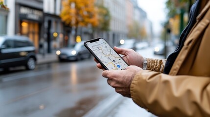 An individual uses a smartphone with a map app to navigate through a busy city street, symbolizing technology integration into daily urban commuting life.