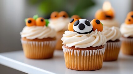 Delicious vanilla cupcakes topped with creamy frosting and decorated with adorable panda and pumpkin fondant designs for a festive Halloween treat.