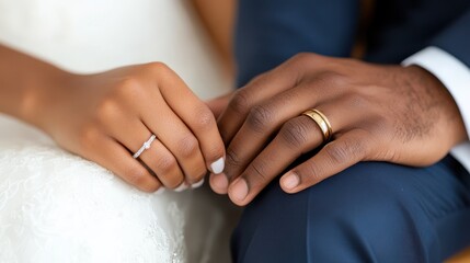 Close-up of a couple's hands touching, displaying their wedding rings, symbolizing love, commitment, and the emotional bond in a timeless marriage.