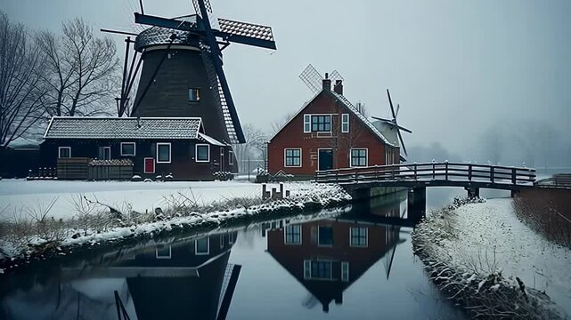  Snow-covered Dutch windmill and rustic house reflected in a calm canal on a misty winter day, evoking quiet charm and historical beauty