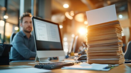 A busy office scene showing a computer on a desk alongside a towering stack of paper files, highlighting the contrast between digital and traditional work methods.