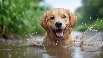 A charming dog smiles widely as it delights in frolicking through the river, creating ripples in the water, embracing the bliss of the serene outdoors.
