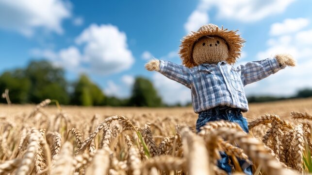 A scarecrow dressed in a plaid shirt and jeans with a straw hat stands proudly in a wheat field beneath a vibrant blue sky, symbolizing protection and creativity.