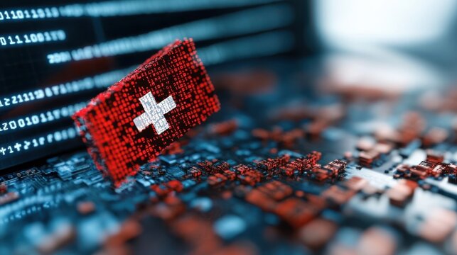 The image features a Swiss flag composed of digital pixels on a high-tech surface, symbolizing the blending of national identity with modern technology in a futuristic setting.
