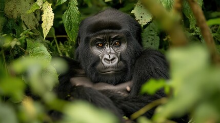Obraz premium Eastern Gorilla Resting in Dense Forest Foliage