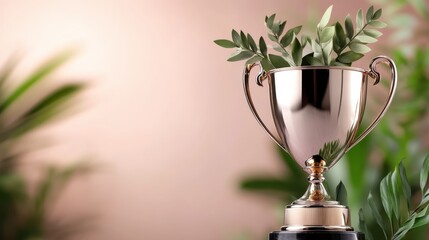 This bronze trophy, filled with fresh green foliage, rests against a pinkish background, blending nature with achievement in an artful depiction of winner's pride.