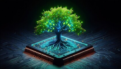 Futuristic Carbon-Absorbing Tree on Tech Chip