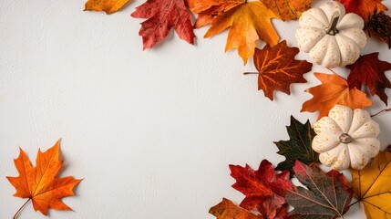 A cozy autumn arrangement featuring colorful leaves and white pumpkins against a textured background.