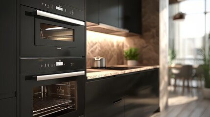Interior of kitchen with modern oven. Modern kitchen. Ultra realistic. Photorealistic