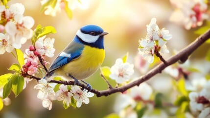 Fototapeta premium Eurasian Blue Tit Perched on Blossoming Branch