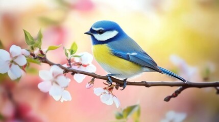 Obraz premium Eurasian Blue Tit Perched on Blossoming Branch