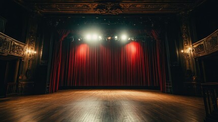 Elegant Theater Stage with Red Curtains and Spotlights