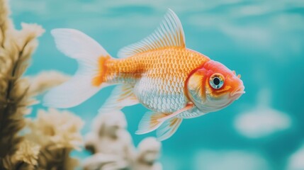 Fototapeta premium A vibrant goldfish swimming elegantly in a clear aquarium, surrounded by soft coral.