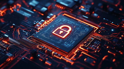 Obraz premium 3D rendering of an icon on a chip with a padlock symbol floating over a computer circuit board background