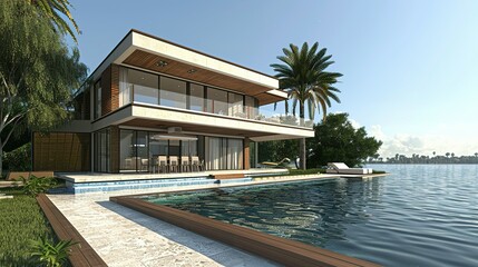 Modern Waterfront House with Infinity Pool and Palm Trees