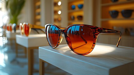 A pair of brown tortoise shell sunglasses on display in a retail store.