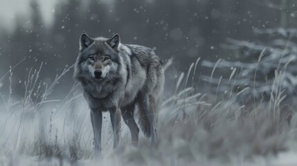A lone wolf with piercing eyes stands in a snowy forest, surrounded by gently falling snowflakes and tall grasses, embodying solitude and natural majesty.