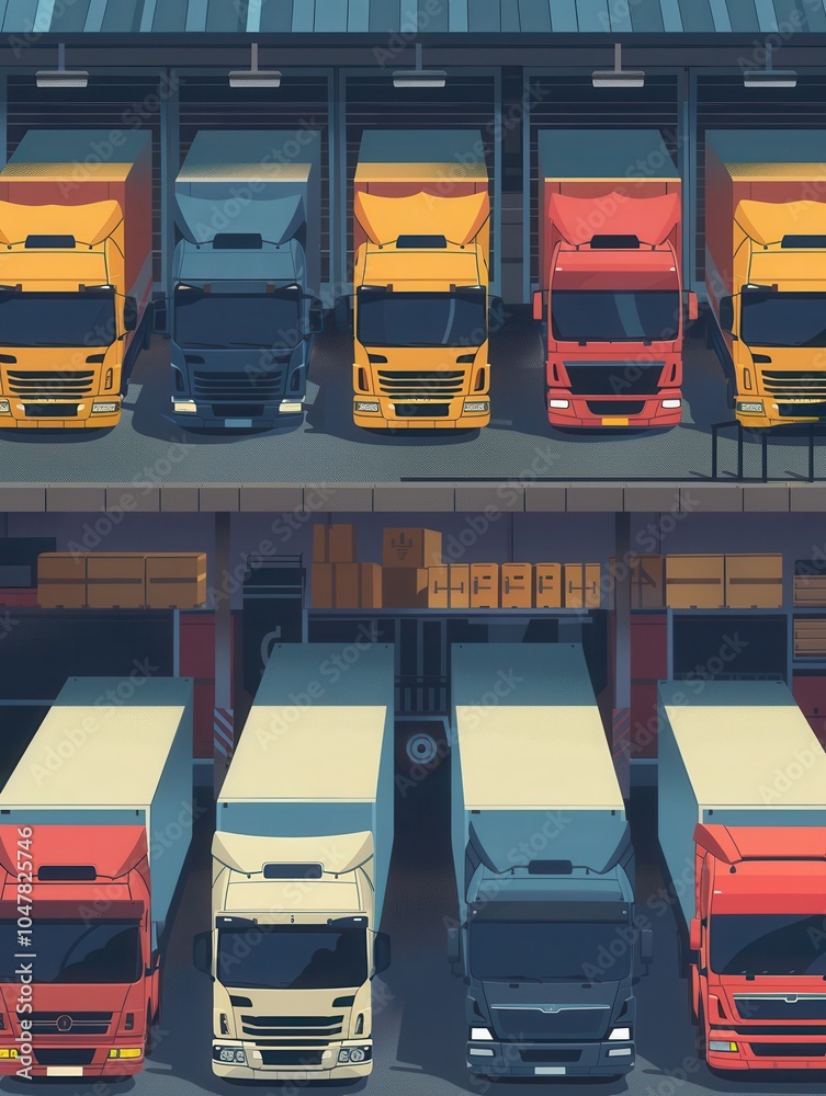 Aufkleber several trucks and vans are lined up at a warehouse, prepared for loading activities during daytime 