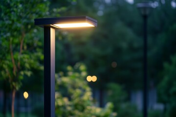 Modern urban LED lighting pole illuminating a park at dusk in an environmentally friendly setting