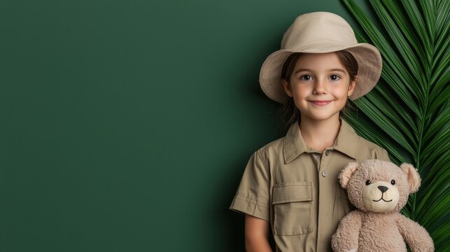 Fototapeta A young girl wearing a safari outfit, holding a teddy bear, smiling against a green background.