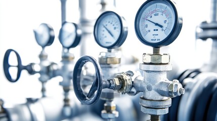 Close-up view of oil refinery valves and pressure gauges, isolated on white background