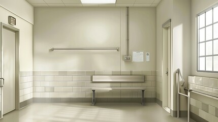 Empty waiting area with a bench, tiled walls, and an exit sign