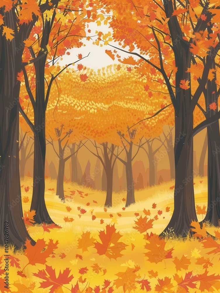 Poster A tranquil path winds through a golden autumn forest filled with trees dressed in bright, colorful fall leaves, creating a warm atmosphere. Generative AI