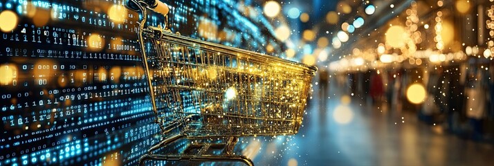 Shopping Cart with Binary Code Data Stream Wall in Retail Store - Customer Data Collection