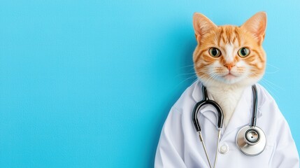 Cat dressed as a doctor with a stethoscope on a blue background.