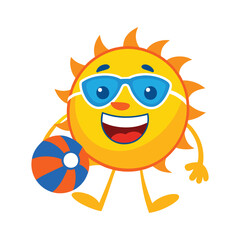 Happy Sun Mascot Logo with Sunglasses and Beach Ball  Summer Fun Character Illustration